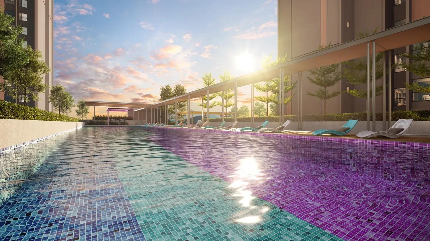 Vividz Residences pool deck at sunset