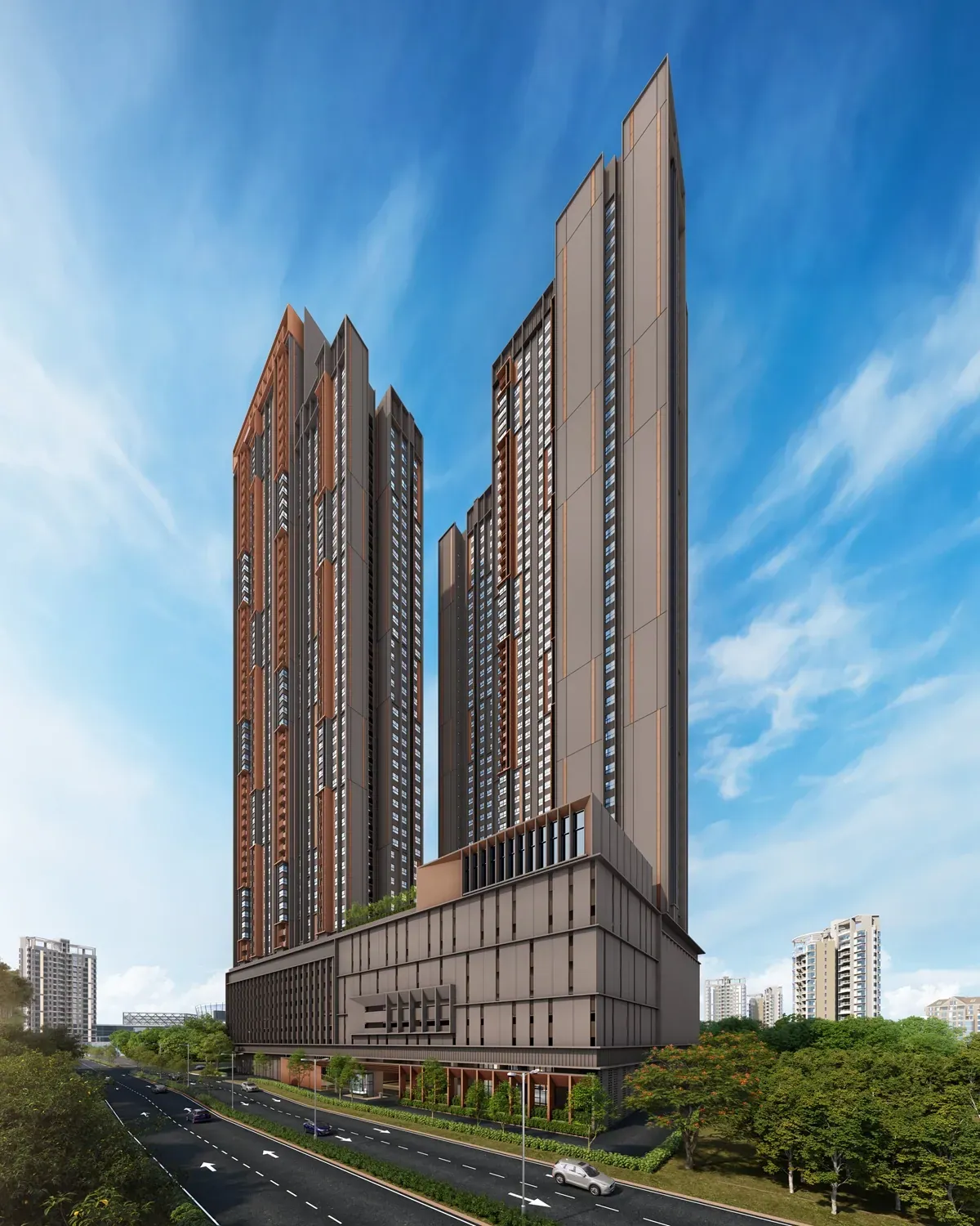 Vividz Residences towers against a blue sky
