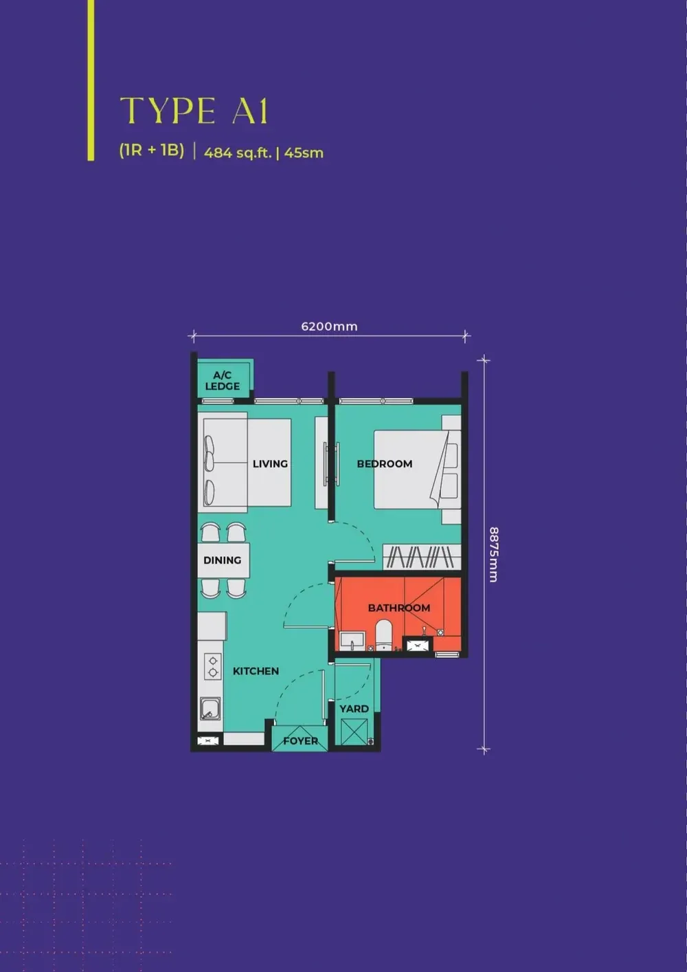 Vividz Residences Type A1 floor plan, 45 sqm / 484 sqft, 1 Bedroom