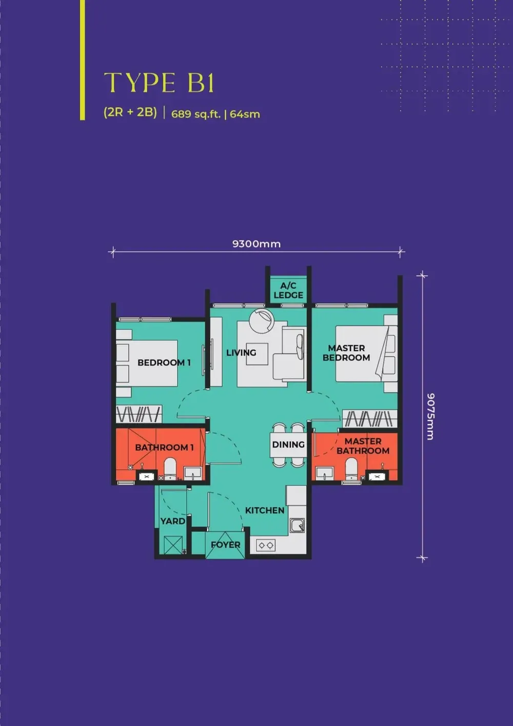 Vividz Residences Type B1 floor plan, 64 sqm / 689 sqft, 2 Bedroom