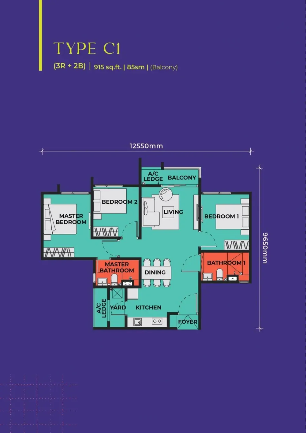 Vividz Residences Type C1 floor plan, 85 sqm / 915 sqft, 3 Bedroom