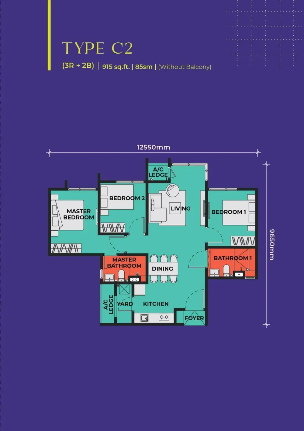Vividz Residences Type C2 floor plan, 85 sqm / 915 sqft, 3 Bedroom